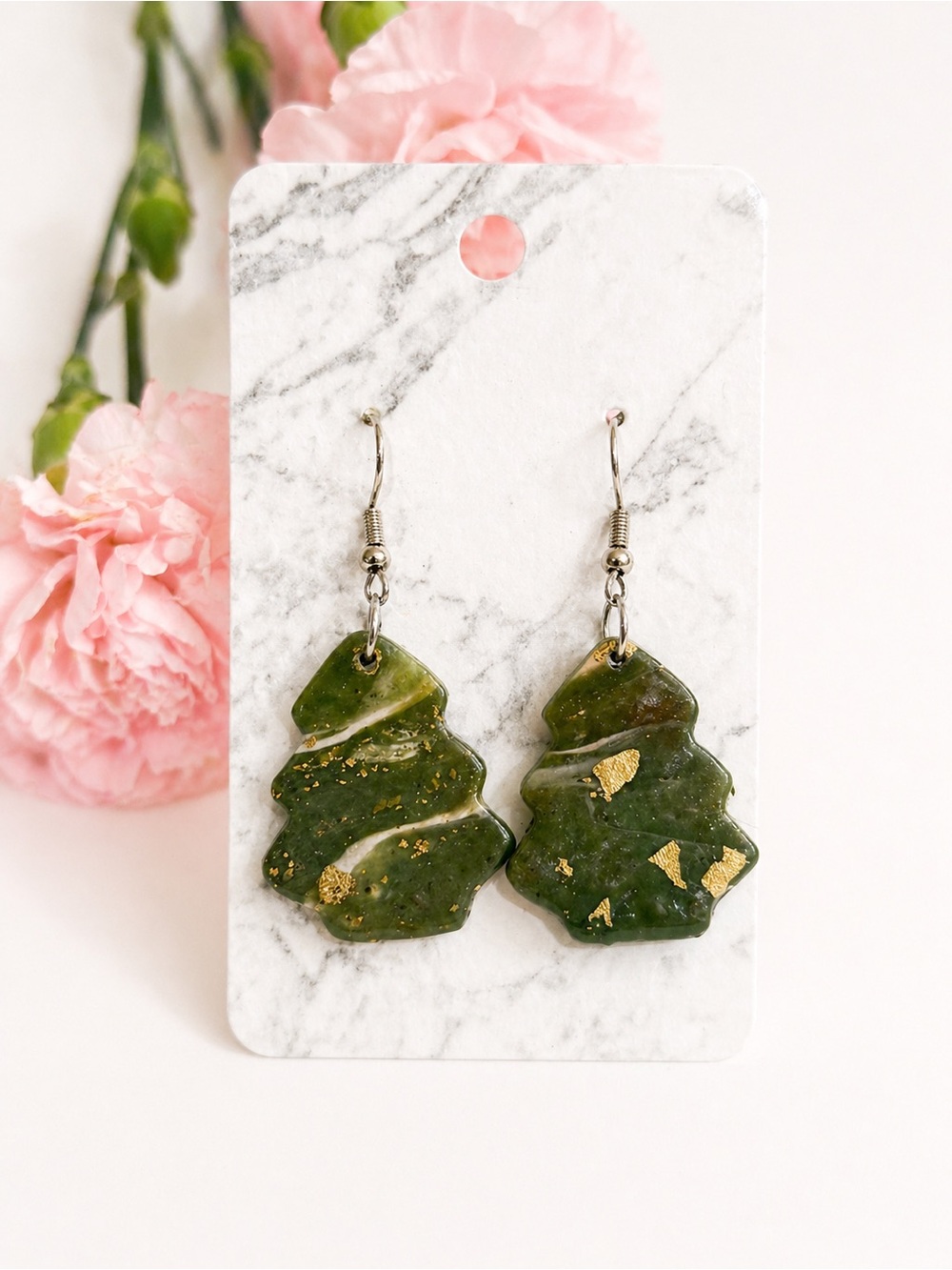 Handmade Green Clay Tree Dangle Earrings with Gold Flakes